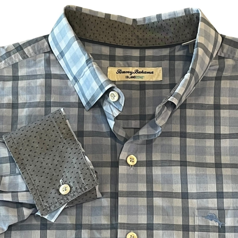 Tommy Bahama Island Zone Shirt Mens L L/S B/U Performance Flip Cuff Blue Plaid